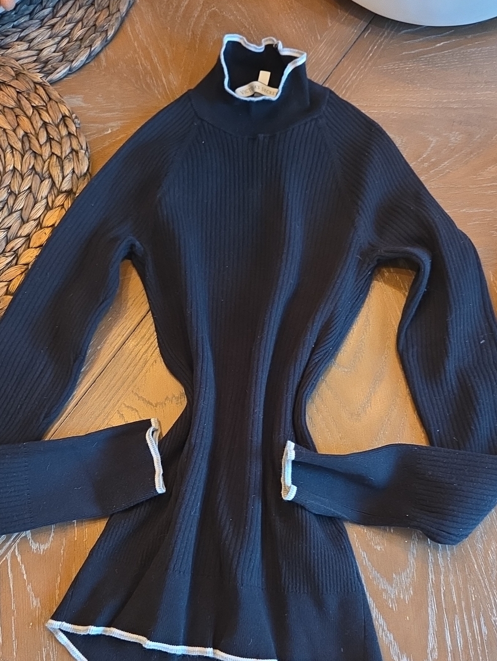 Victoria's Secret Black Ribbed Mock Neck Sweater with White Trim